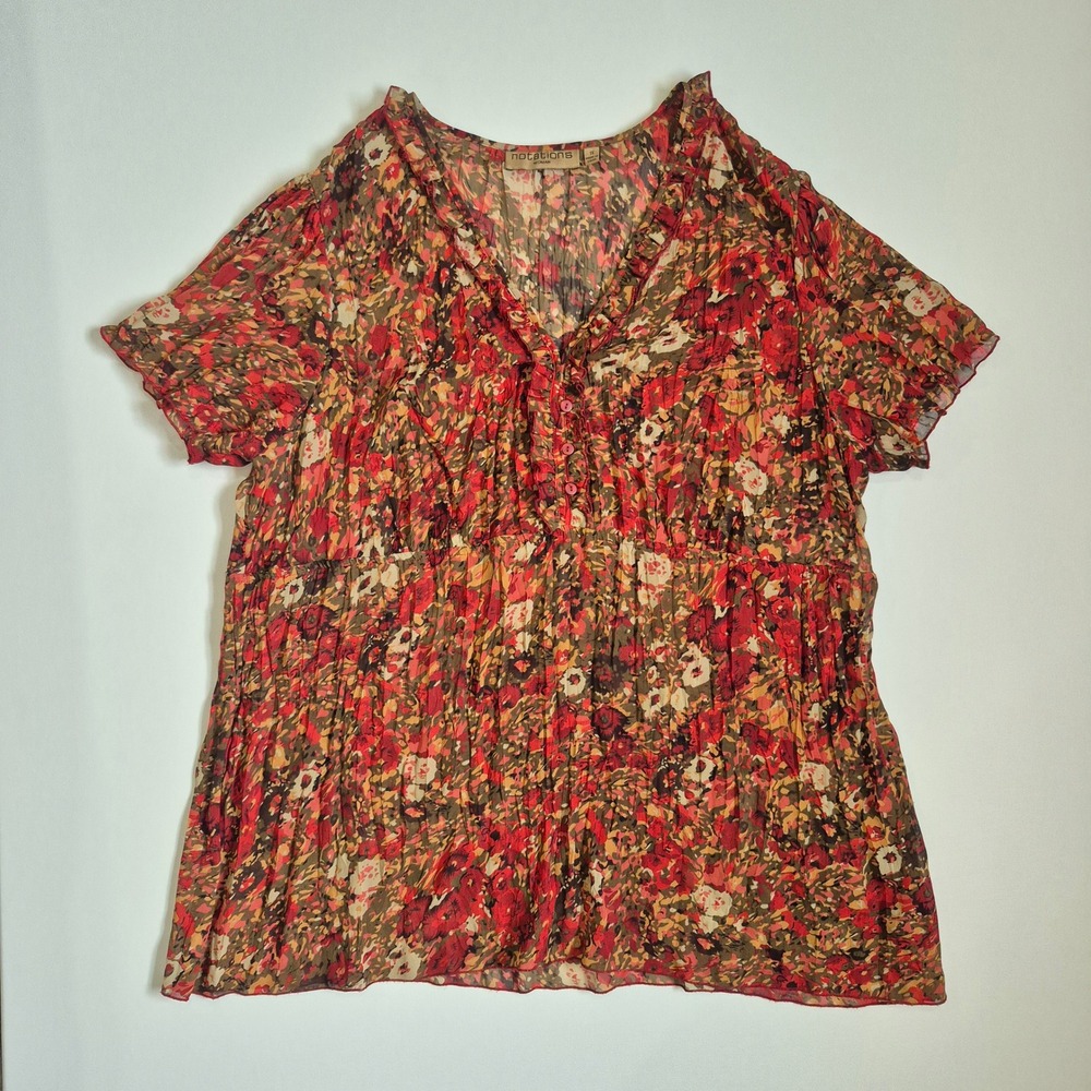 Notations Woman Red Brown Floral Ruffle V-Neck Crinkle Blouse Plus Size 1X